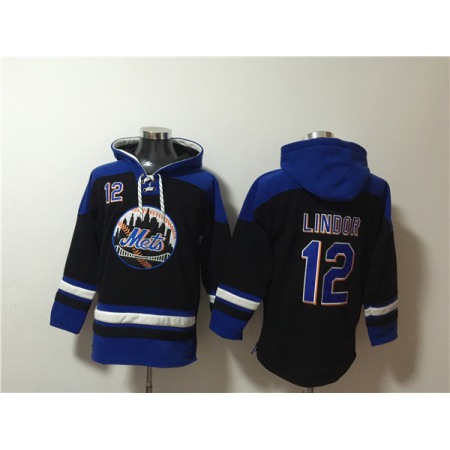 Men's New York Mets #12 Francisco Lindor Black/Blue Ageless Must-Have Lace-Up Pullover Hoodie