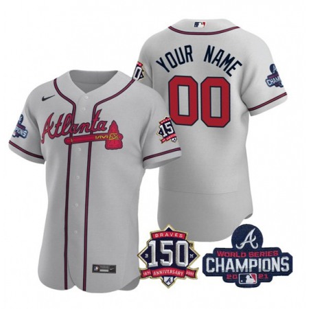 Men's Atlanta Braves Customized 2021 Grey World Series Champions With 150th Anniversary Flex Base Stitched Jersey