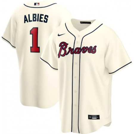 Men's Atlanta Braves #1 Ozzie Albies Cream Cool Base Stitched Jersey