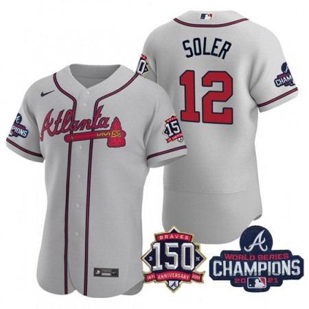 Men's Atlanta Braves #12 Jorge Soler 2021 Grey World Series Champions With 150th Anniversary Flex Base Stitched Jersey