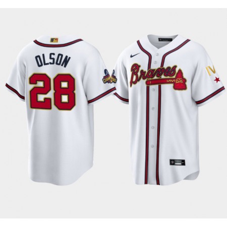 Men's Atlanta Braves #28 Matt Olson 2022 White/Gold World Series Champions Program Cool Base Stitched Baseball Jersey