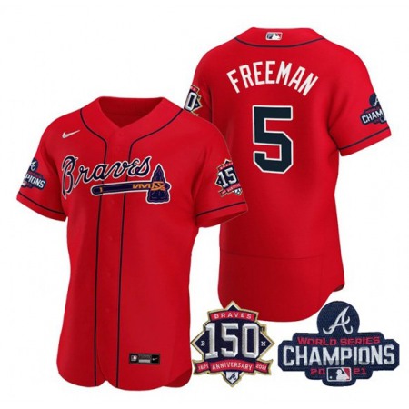 Men's Atlanta Braves #5 Freddie Freeman 2021 Red World Series Champions With 150th Anniversary Flex Base Stitched Jersey