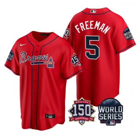 Men's Atlanta Braves #5 Freddie Freeman 2021 Red World Series With 150th Anniversary Patch Cool Base Stitched Jersey