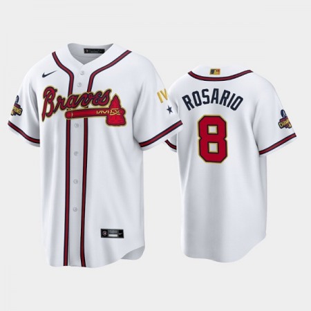 Men's Atlanta Braves #8 Eddie Rosario 2022 White/Gold World Series Champions Program Cool Base Stitched Baseball Jersey