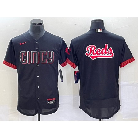 Men's Cincinnati Reds Black 2023 City Connect Big Team Logo Flex Base Stitched Jersey