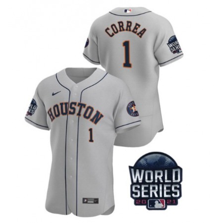 Men's Houston Astros #1 Carlos Correa 2021 Grey World Series Flex Base Stitched Baseball Jersey