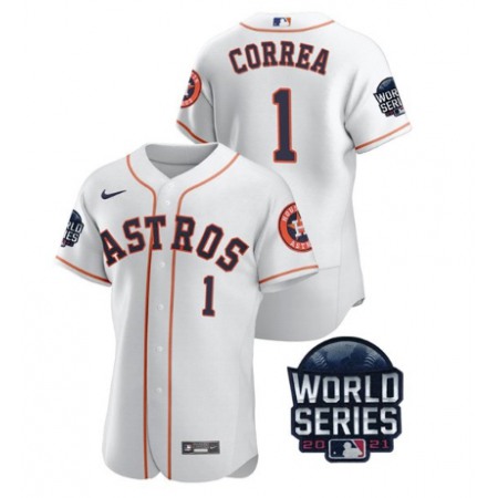 Men's Houston Astros #1 Carlos Correa 2021 White World Series Flex Base Stitched Baseball Jersey