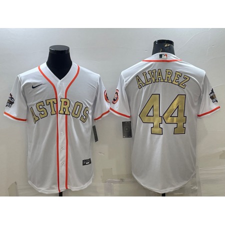 Men's Houston Astros #44 Yordan Alvarez White Gold 2022 World Series Stitched Baseball Jersey