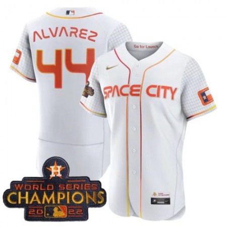 Men's Houston Astros #44 Yordan Alvarez White With 2022 World Serise Champions Patch Stitched Baseball Jersey