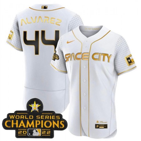 Men's Houston Astros #44 Yordan Alvarez White With 2022 World Serise Champions Patch Stitched Baseball Jersey