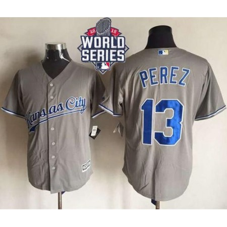 Royals #13 Salvador Perez New Grey Cool Base W/2015 World Series Patch Stitched MLB Jersey