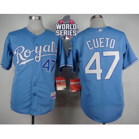 Royals #47 Johnny Cueto Light Blue Alternate 1 Cool Base W/2015 World Series Patch Stitched MLB Jersey