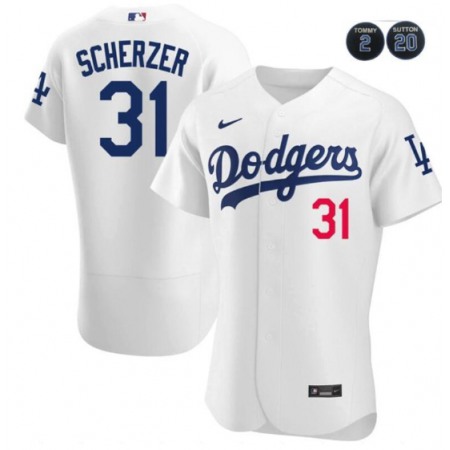 Men's Los Angeles Dodgers #31 Max Scherzer White White #2 #20 Patch Flex Base Stitched Baseball Jersey