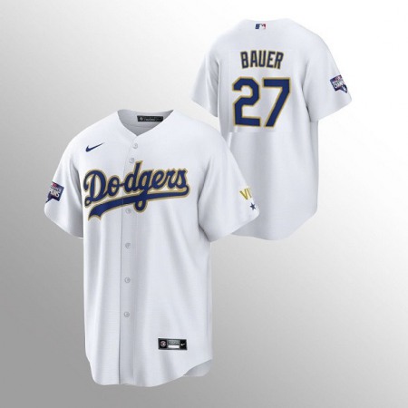 Men's Los Angeles Dodgers #27 Trevor Bauer White Gold Championship Cool Base Stitched Jersey