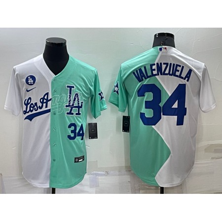 Men's Los Angeles Dodgers #34 Fernando Valenzuela 2022 All-Star White/Green Cool Base Stitched Baseball Jersey