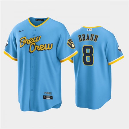 Men's Milwaukee Brewers #8 Ryan Braun 2022 Powder Blue City Connect Cool Base Stitched Jersey