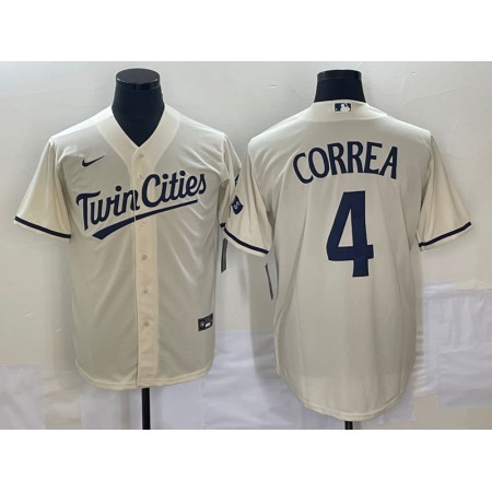 Men's Minnesota Twins #4 Carlos Correa Cream Cool Base Stitched Jersey