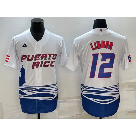 Men's Puerto Rico Baseball #12 Francisco Lindor 2023 White World Baseball Classic Stitched Jersey