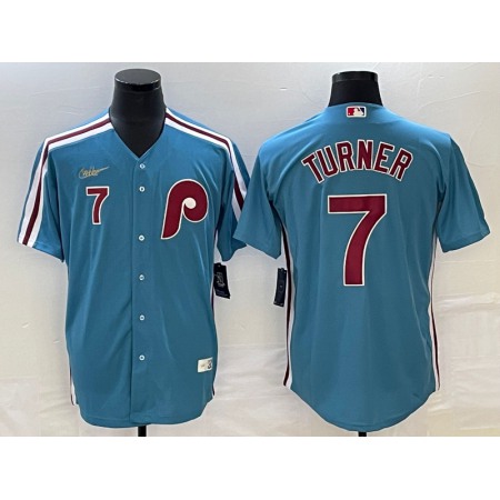 Men's Philadelphia Phillies #7 Trea Turner Blue Cool Base With Patch Stitched Jersey