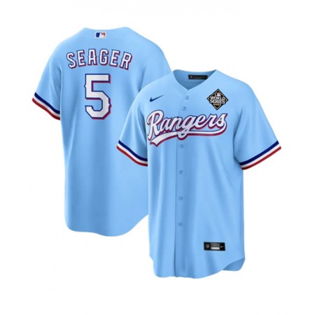 Men's Texas Rangers #5 Corey Seager Blue 2023 World Series Stitched Baseball Jersey