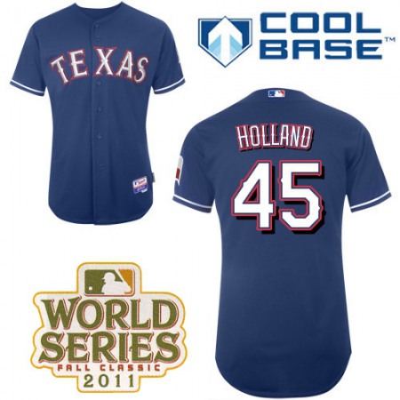 Rangers #45 Derek Holland Blue Cool Base 2011 World Series Patch Stitched MLB Jersey