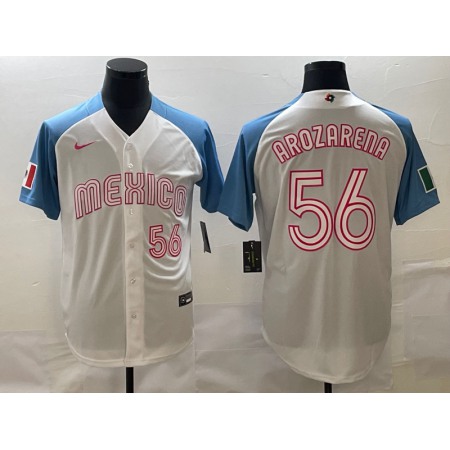 Men's Mexico Baseball #56 Randy Arozarena 2023 White Blue World Baseball Classic Stitched Jersey