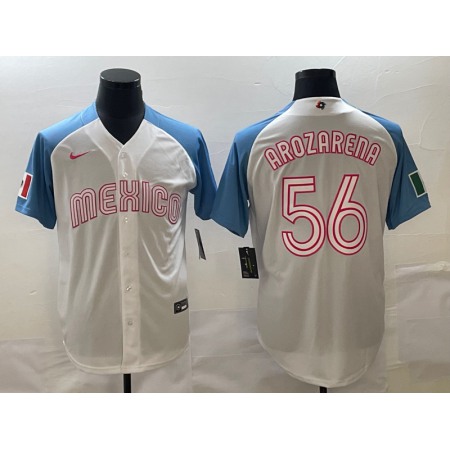 Men's Mexico Baseball #56 Randy Arozarena 2023 White Blue World Baseball Classic Stitched Jersey