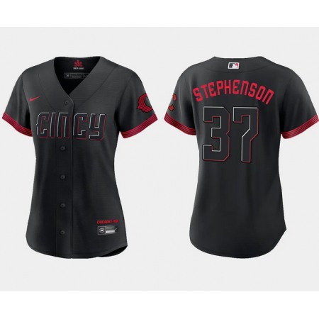 Women's Cincinnati Reds #37 Tyler Stephenson Black 2023 City Connect Stitched Baseball Jersey(Run Small)