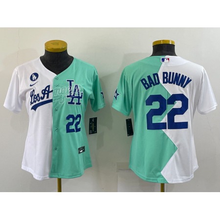 Women's Los Angeles Dodgers #22 Bad Bunny 2022 All-Star White/Green Split Stitched Baseball Jersey(Run Small)