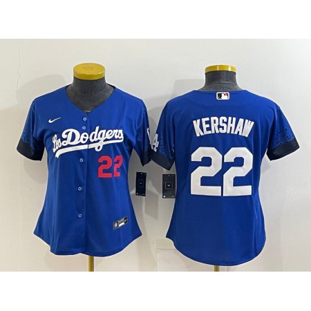 Women's Los Angeles Dodgers #22 Clayton Kershaw Royal City Connect Stitched Baseball Jersey(Run Small)