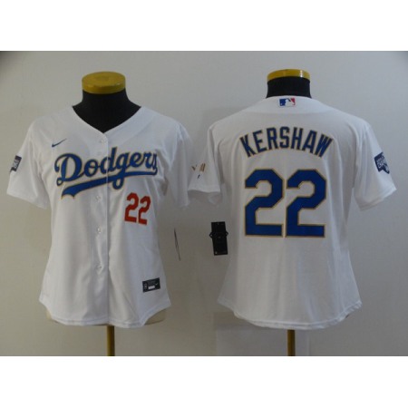 Women's Los Angeles Dodgers #22 Clayton Kershaw White Gold Championship Cool Base Stitched Jersey(Run Small)