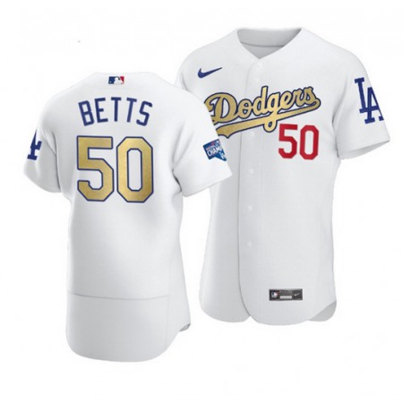 Women's Los Angeles Dodgers #50 Mookie Betts 2020 White Gold World Series Champions Patch Sttiched Baseball Jersey(Run Small)