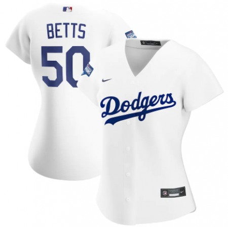 Women's Los Angeles Dodgers #50 Mookie Betts White 2020 World Series Champions Home Patch MLB Stitched Jersey(Run Small)