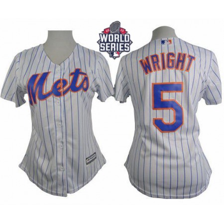 Mets #5 David Wright White(Blue Strip) W/2015 World Series Patch Women's Home Stitched MLB Jersey