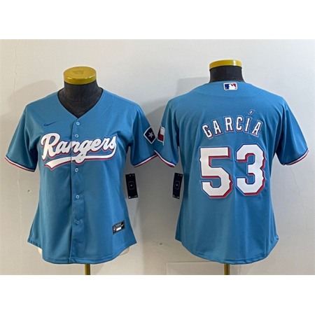 Women's Texas Rangers #53 Adolis Garcia Blue With Patch Stitched Baseball Jersey(Run Small)