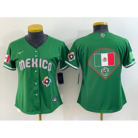 Women's Mexico Baseball 2023 Green Big Logo World Baseball Classic Stitched Jersey(Run Small)