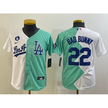 Youth Los Angeles Dodgers #22 Bad Bunny 2022 All-Star White/Green Split Stitched Jersey