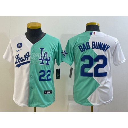 Youth Los Angeles Dodgers #22 Bad Bunny 2022 All-Star White/Green Split Stitched Jersey