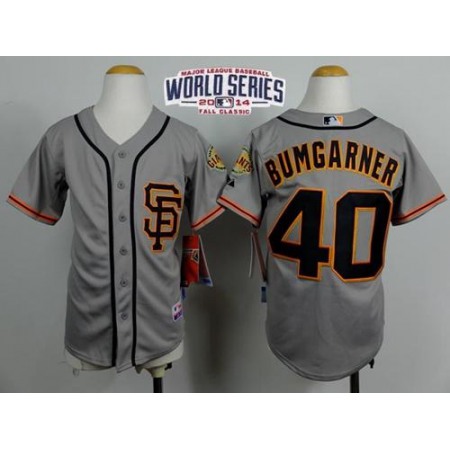 Giants #40 Madison Bumgarner Grey Road 2 Cool Base W/2014 World Series Patch Stitched Youth MLB Jersey