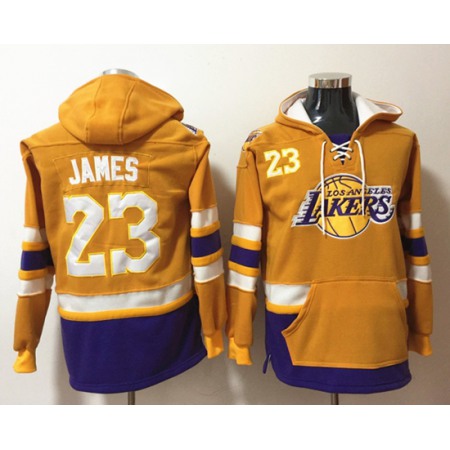 Men's Los Angeles Lakers #23 Lebron James Yellow Lace-Up Pullover Hoodie