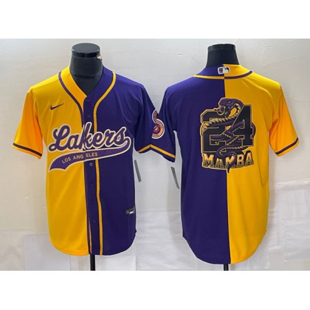 Men's Los Angeles Lakers Gold/Purple Split #24 Mamba Big Logo Cool Base Stitched Baseball Jersey