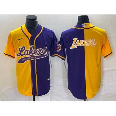 Men's Los Angeles Lakers Gold/Purple Split Team Big Logo Cool Base Stitched Baseball Jersey