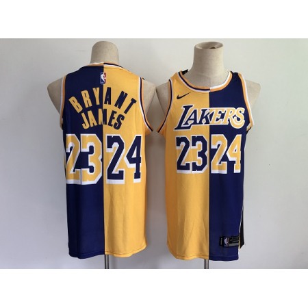 Men's Los Angeles Lakers #23 LeBron James #24 Kobe Brant Purple Gold Split Special Stitched NBA Jersey