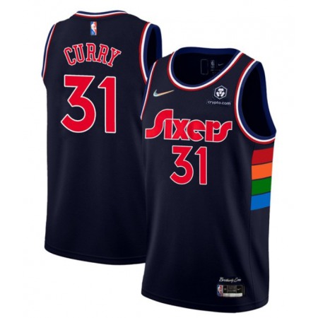 Men's Philadelphia 76ers #31 Seth Curry 2021/22 City Edition Navy 75th Anniversary Stitched Swingman Jersey