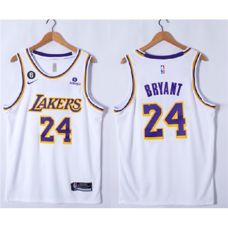 Youth Los Angeles Lakers #24 Kobe Bryant White NO.6 Patch Stitched Basketball Jersey