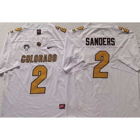 Men's Colorado Buffaloes #2 Shedeur Sanders White With PAC-12 Patch Stitched Football Jersey