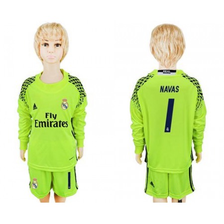 Paris Saint-Germain #1 Navas Shiny Green Goalkeeper Long Sleeves Kid Soccer Club Jersey