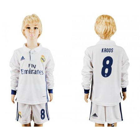 Real Madrid #8 Kroos Home Long Sleeves Kid Soccer Club Jersey