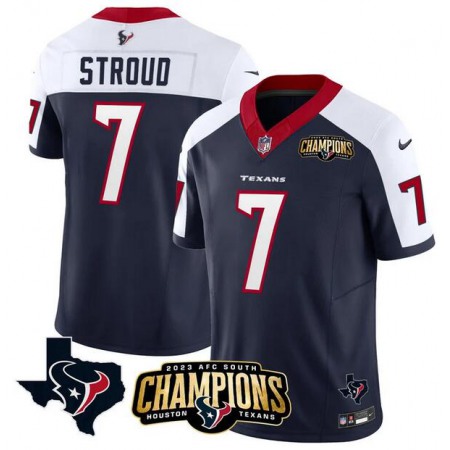 Men's Houston Texans #7 C.J. Stroud Navy/White 2023 F.U.S.E. AFC South Champions Patch And Team Logo Patch Vapor Untouchable Limited Stitched Football Jersey