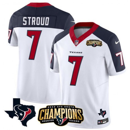 Men's Houston Texans #7 C.J. Stroud White/Navy 2023 F.U.S.E. AFC South Champions Patch And Team Logo Patch Vapor Untouchable Limited Stitched Football Jersey